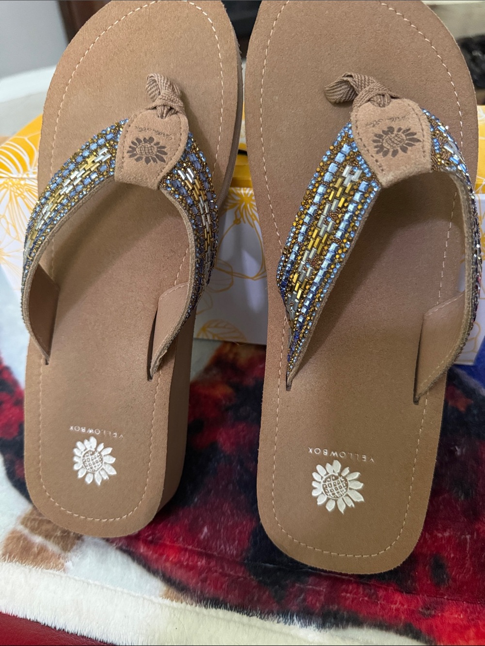 Yellow Box Tan Beaded Wedge Sandals with Blue & Gold Accents